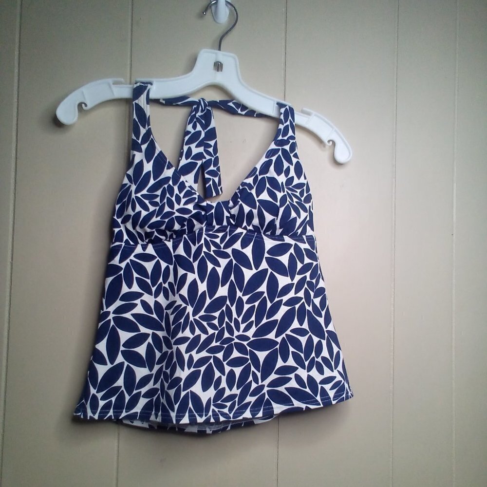 Lands' End Tankini Top 4 Halter Tie Neck Lightly Padded Blue White
